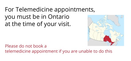 Map of Ontario indicating location requirements for virtual PCOS consultations