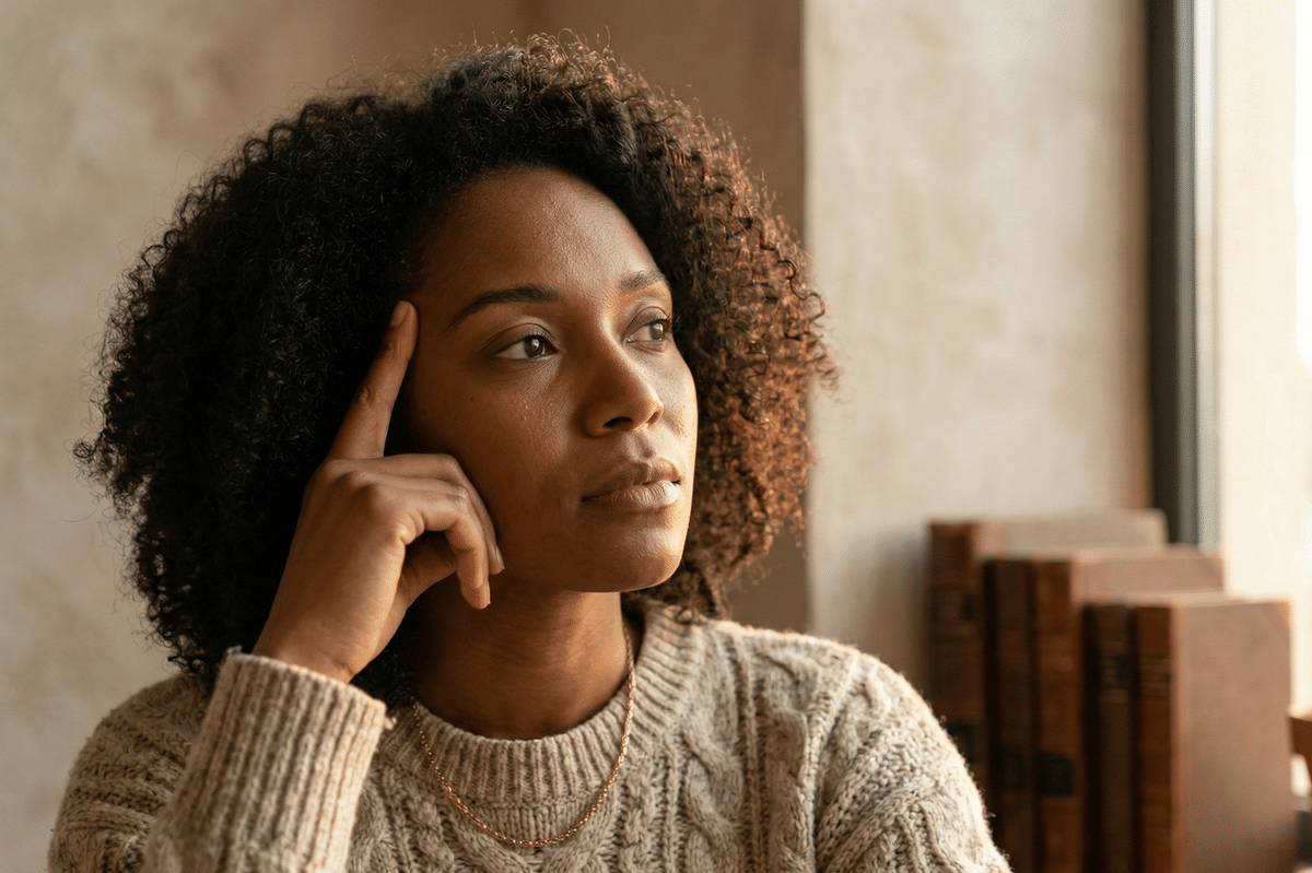 Woman in her 30s looking thoughtful and reflective, warm neutral background