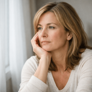 Professional woman in her 40s with thoughtful, contemplative expression — representing someone navigating health decisions with intelligence and agency